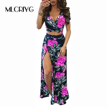 MLCRIYG 2018 Floral Print 2 Piece Dress Women Summer Short Sleeve Wrap V Neck Boho Dresses Sexy Front Split Maxi Dress