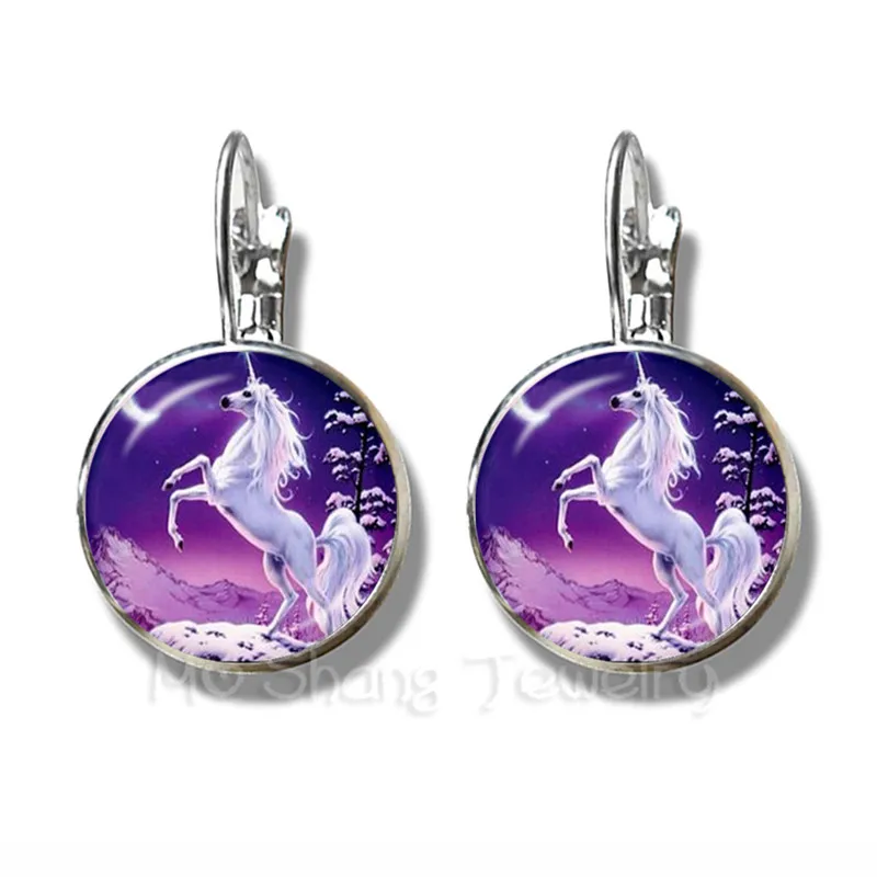 

Cute Purple Unicorn Fly Horses 16mm Glass Cabochon Earrings Jewely Silver Plated Stud Earrings For Women Girls Gift