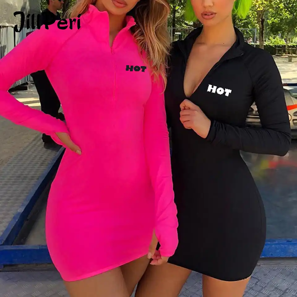 Jillperi 秋の新長袖ボディコン蛍光色ドレス女性ソリッドスポーツ毎日の服シースストレッチショートミニドレス ドレス Aliexpress