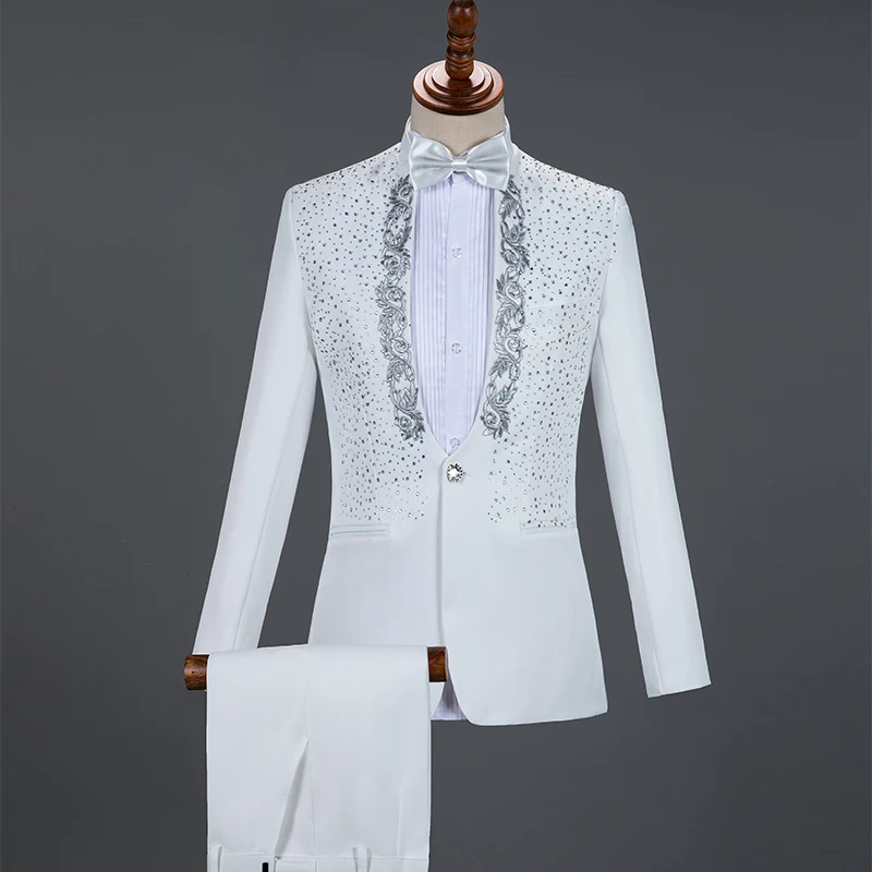 

Red Sparkly Crystals Embroidery Blazers Suit Wedding Groom White Stage Chorus Men Dresses Singer Host 2-Piece Set Costume