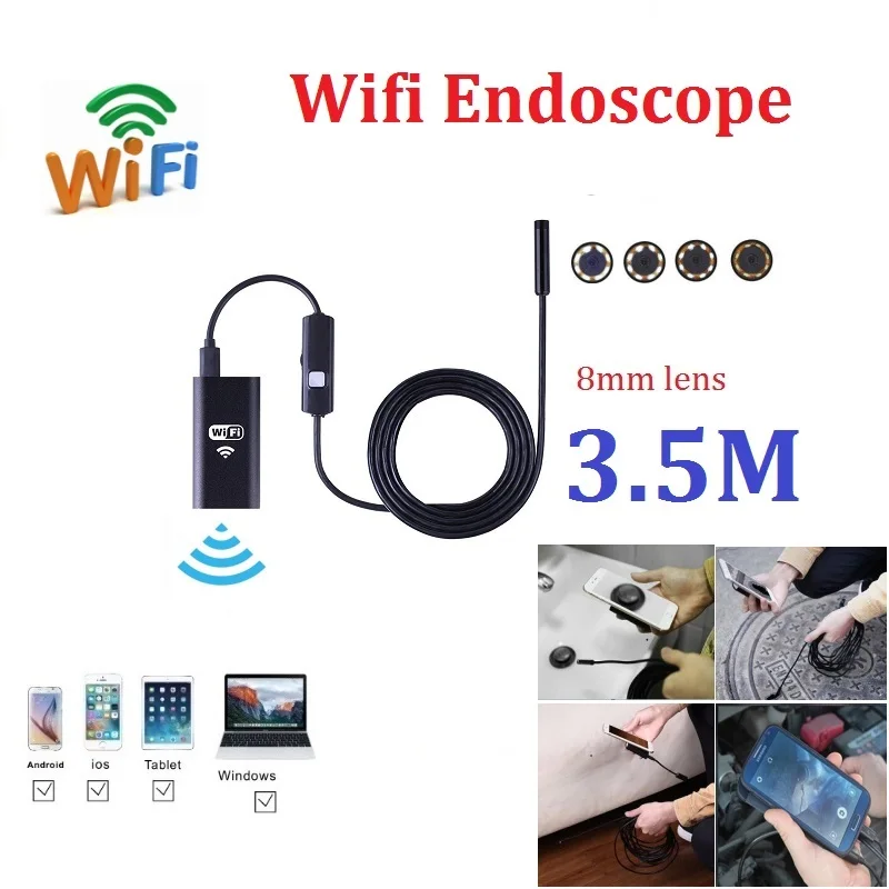 

3.5M 8MM lens iOS Android Endoscope Wifi Endoscope Camera 720P Iphone Borescope Camera with 6pcs mini led