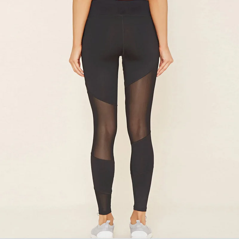 Black Mesh Patchwork Calças Legging Fêmea Correndo