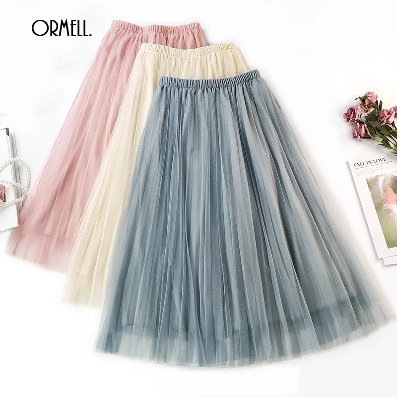 

ORMELL New Solid Pleated Casual Tulle Skirt Womens Summer Fashion Sweet Girls Beach Skirts High Waist Elastic Ladies Tutu Skirt