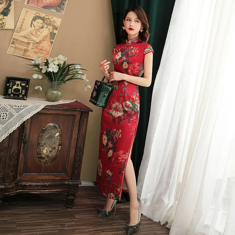 Красное китайское традиционное длинное платье летнее Qipao большого размера с