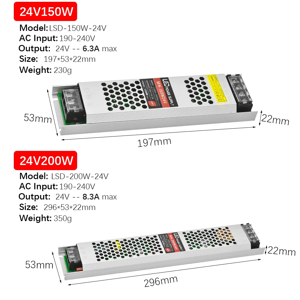 Ультра тонкий DC24V Светодиодный трансформатор 60 Вт 100 Вт 150 Вт 200 Вт 300 Вт Драйвер адаптер питания AC190-240V выключатель питания