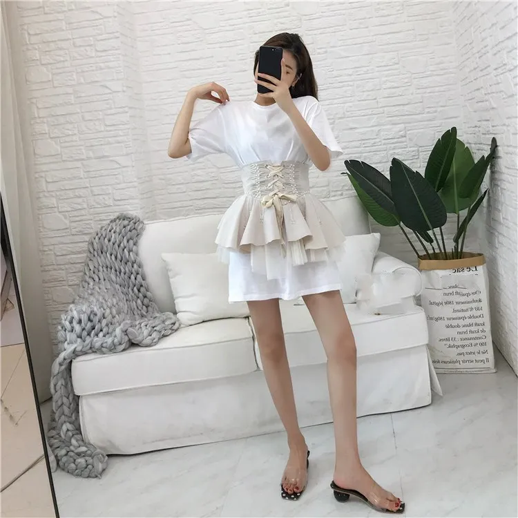 

2019 Summer High Waist Cotton Casual Dress Lace Bead Mesh Stitching Two-Piece Dress High Street Ruffle Dress