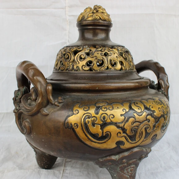 

JP S0610 15" Tibet Tibetan Bronze Gilt Dragon Unicorn Beast Statue Incense Burner Censer