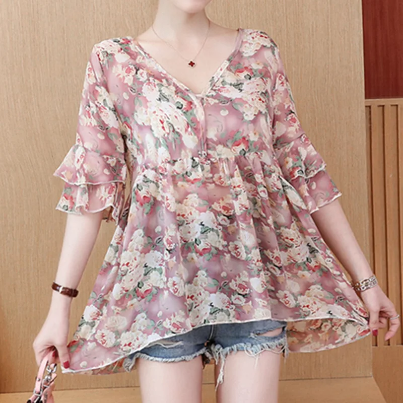 2019 Summer New Fashion Chiffon Shirt Flare Short Sleeve Women Blouses And Top V-Neck Print Casual Loose Office Lady Plus Size |