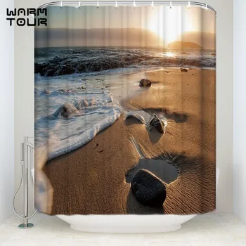 

Extra Long Fabric Bath Shower Curtains 48" x 72" Sunset Waves Beach Stone Mildew-resistant Bathroom Decor Sets with Hooks