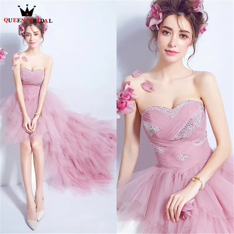 

QUEEN BRIDAL Evening Dresses High Low Ruffle Organza Beaded Short Luxury Pink Party Prom Dress Gowns 2018 Vestido De Festa JW63