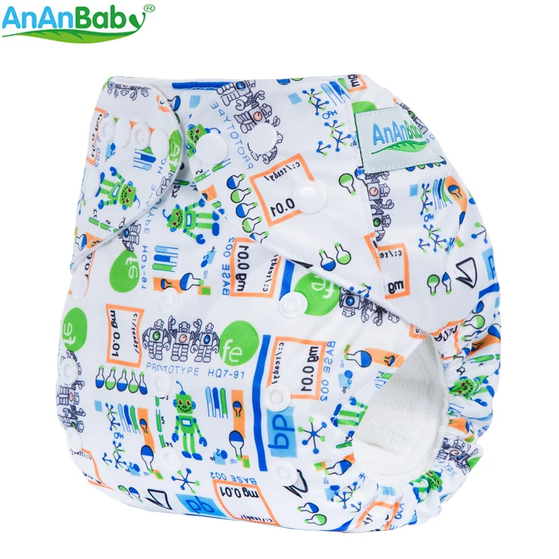 AnAnBaby Washable Cloth Diaper Digital Cartoon Character Prints Pocket Nappies Double Row Rise Snaps With Microfiber Inserts