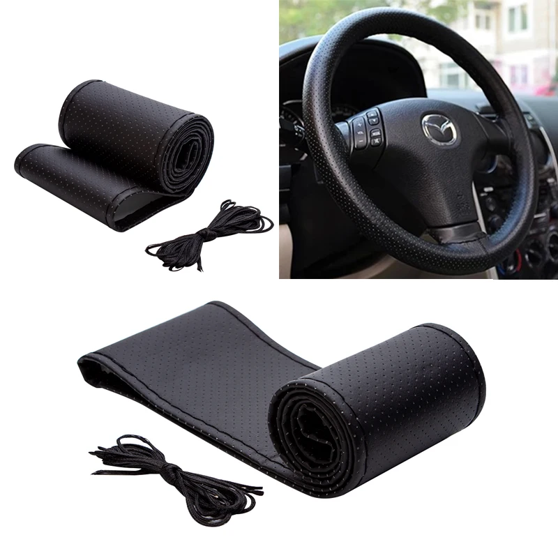 

New 38cm Soft Leather Auto Car Steering Wheel Cover Soft Anti-slip Car Steering Cover Black Braid With Needles and Thread