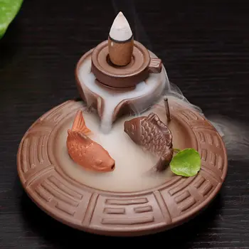 

Chinese Ceramic Millstone Smoke Backflow Cone Holder fish statue Porcelain Incense burner