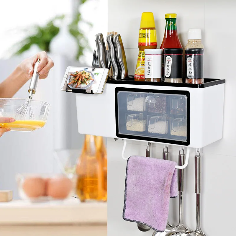 

Plastic Kitchen Storage Rack For Spice Box Household Salt Shaker Cuisine Tools Rack Storage Hooks kitchen Accessories Organizer