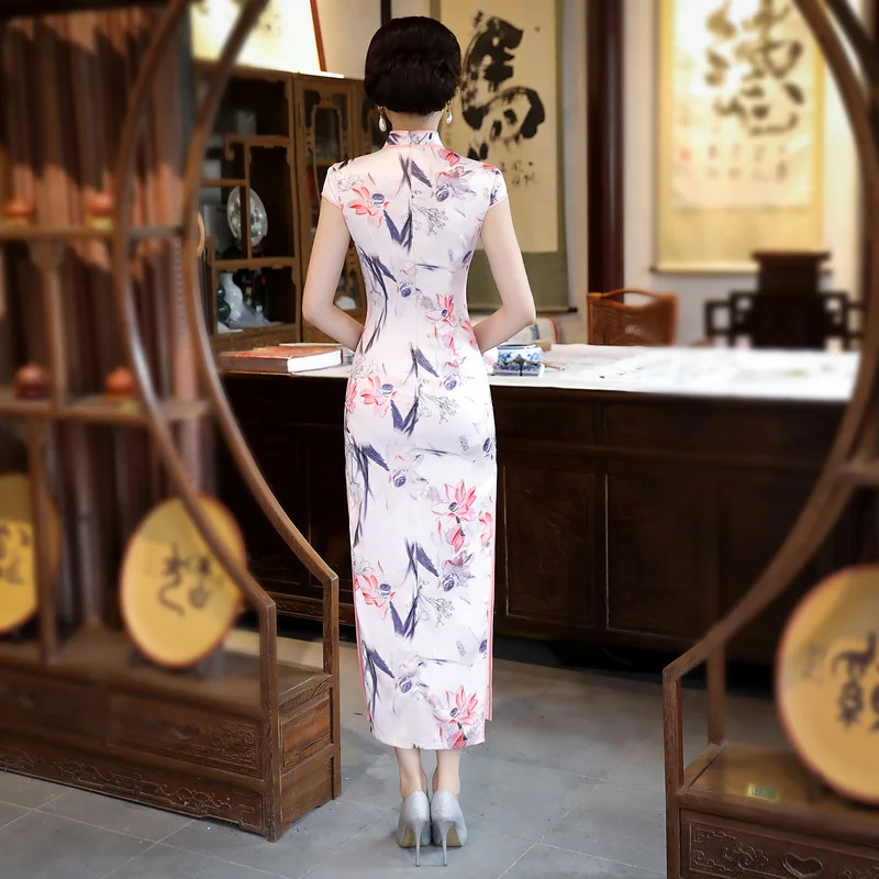 Chino tradicional cheongsam Satén de seda de señora vestido mujeres verano largo baile vestido - 2