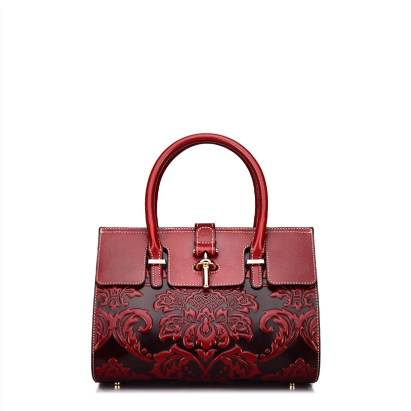 

High Quality Genuine leather appliques chinese style Women's handbag bag flower soft Vintage fashion hasp opening shoulder bags