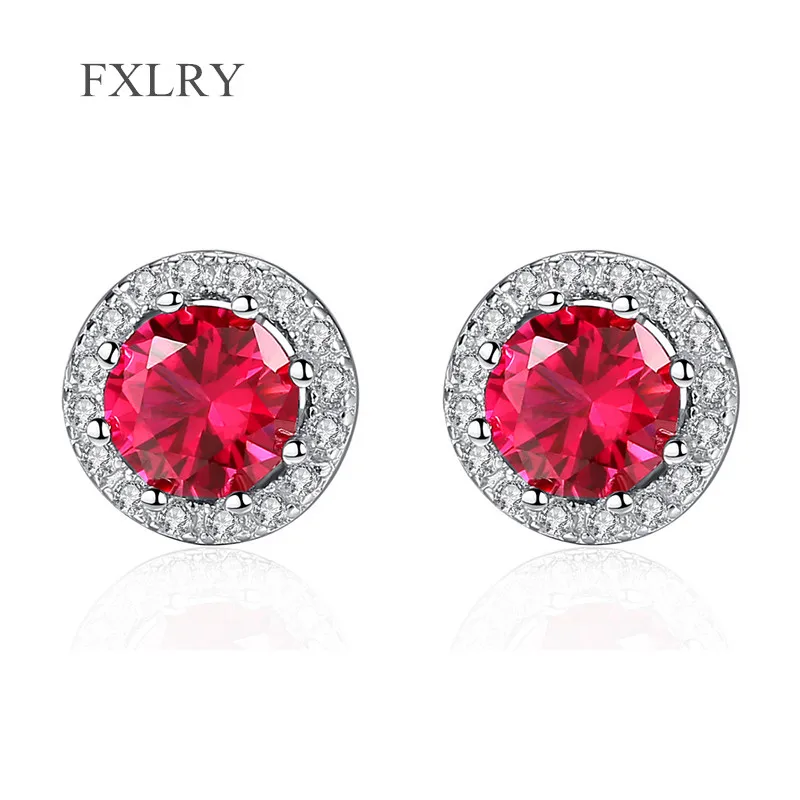 

FXLRY Hot Selling S925 Sterling Silver micro-inlaid zircon Fashion Round red zircon Stud Earrings for Women Jewelry