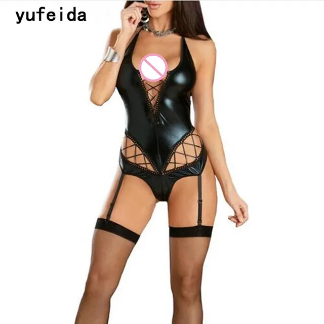 US $9.17 YUFEIDA New Sexy High Cut Jumpsuit Halter Gothic Women Faux Leather Wet Look Latex Catsuit Mesh Bod
