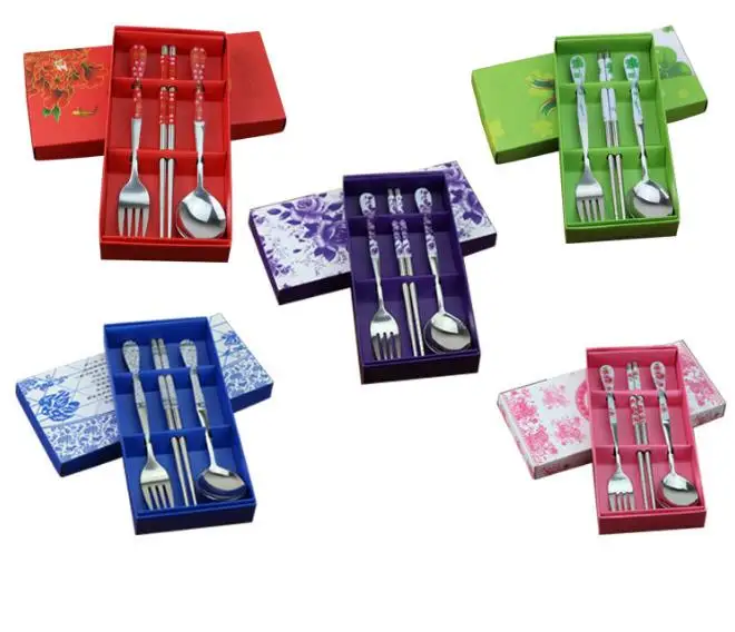 100sets / lot Stainless Steel Spoon Fork And Chopstick Set Metal