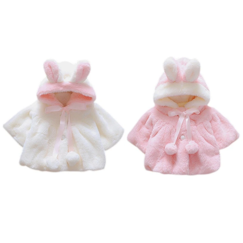 0-4T Baby Girl Coat Imitation Rabbit Fur Ear Shawl Wool Hooded Cartoon Warm Thick Pink White Blends Top