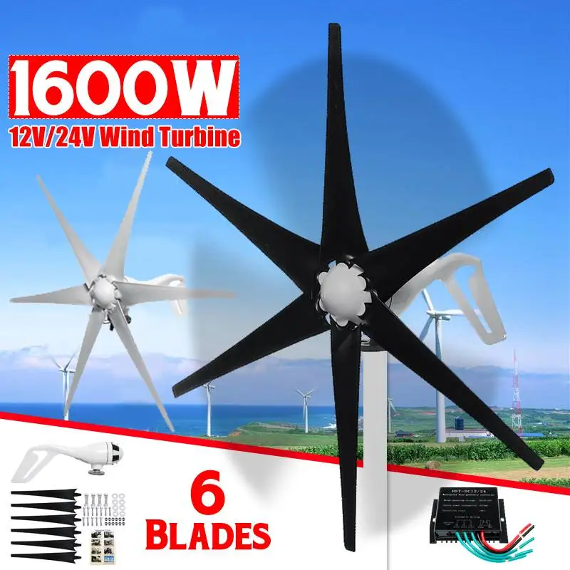 

1600W 12V 24 Volt Wind Turbines Generator 6 Wind Blades Black/White Option + Wind Controller Gift Fit for Home Lights Or Boat