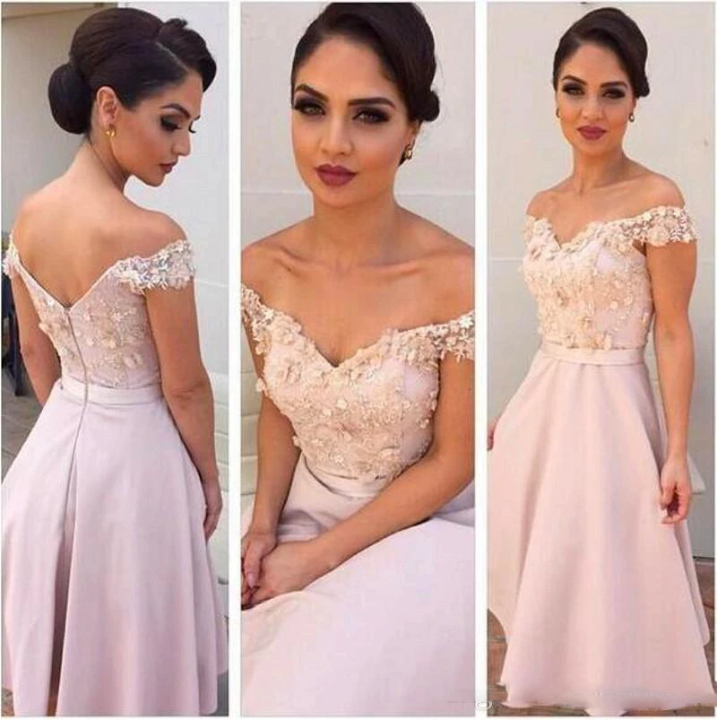 

vestido madrinha Beach Wedding Guest Dresses 2017 Elegant Off Shoulder Bridesmaid Dresses A Line Knee Length Appliqued Maid of H