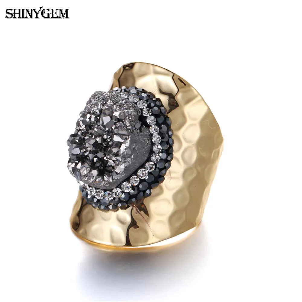 Кольца на палец с золотым покрытием ShinyGem Druzy, сверкающие кольца с нестандартными радужными кристаллами, большие кольца с натуральным камнем для женщин - Цвет основного камня: Silver