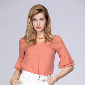 

2019 Fashion Women Tops Blouses Chiffon Blouse Ladies Shirts Casual Blusa Lady Shirt Short Flare Sleeve Feminina Tops D643 23