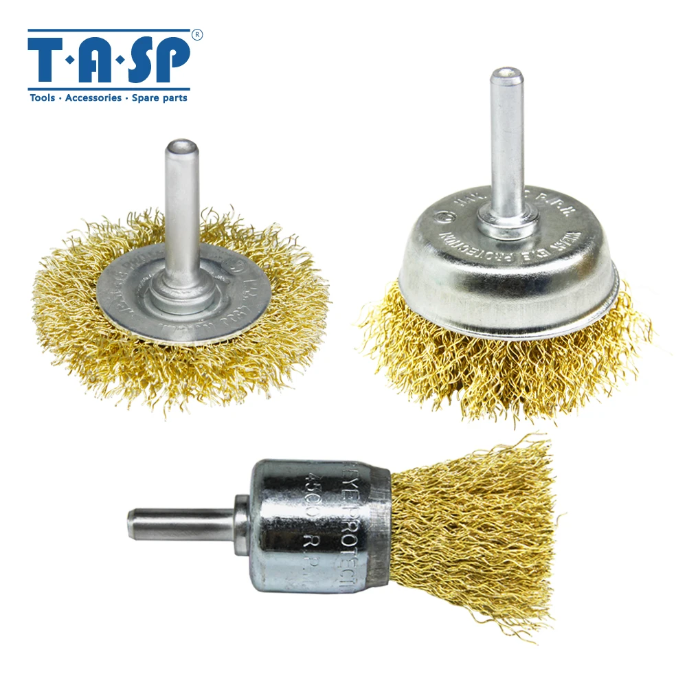 

TASP 3pcs Wire Brush Set Copper Plated Crimped Steel Wheel Cup End Cleaning Tool with 6mm Round Shank for Drills