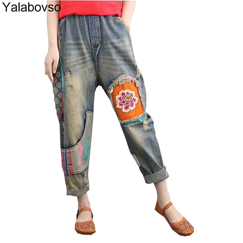 Высокая Талия Винтаж джинсы эластичный пояс цветок Джинсы с вышивкой в стиле ретро штаны-шаровары отверстие штаны свободного кроя для
