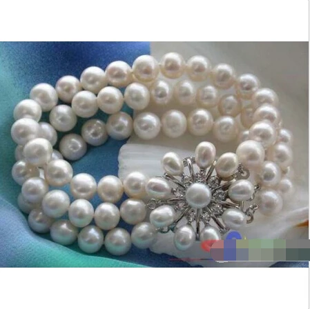 

p1752 3ROW 8" 10mm WHITE ROUND FRESHWATER CULTURED PEARL BRACELET @^Noble style Natural Fine jewe SHIPPING 5.25