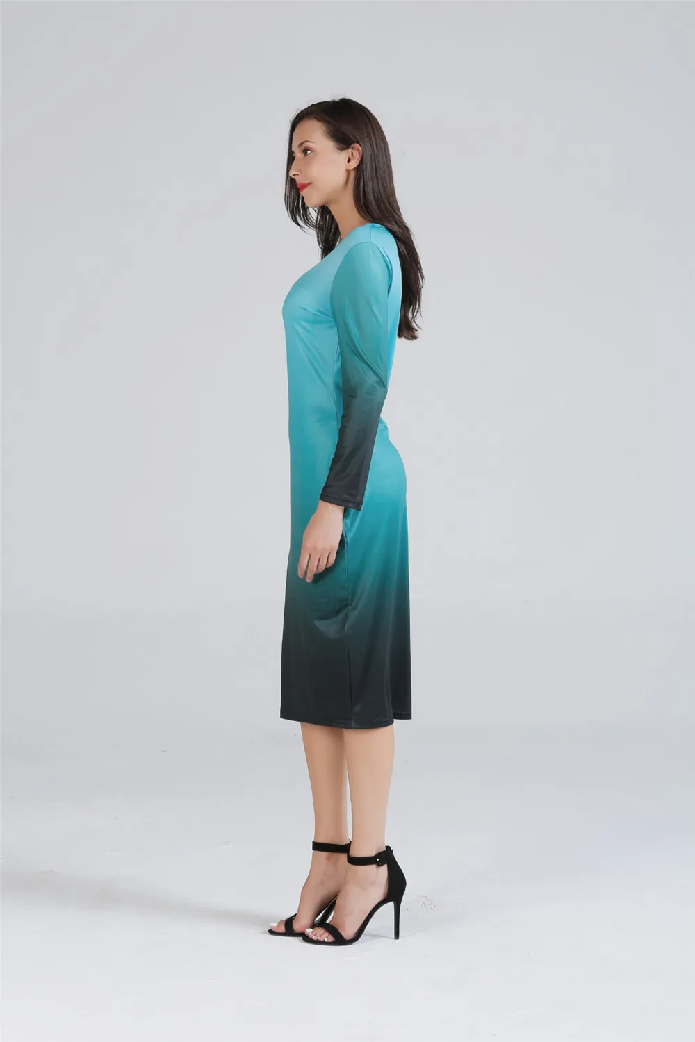 Women Basic Dress 2018 Gradient Ramp O Neck Long Sleeve Slim Dresses Bodycon Midi Office Working Dress Elegant All Match (34)
