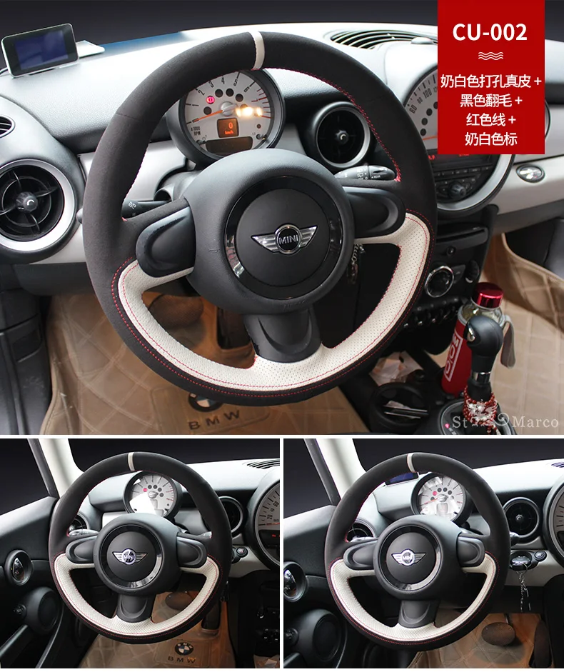

Black Genuine leather and Suede Hand-stitched Car Steering Wheel Cover for BMW mini cooper CABRIO special rice Smart Fortwo
