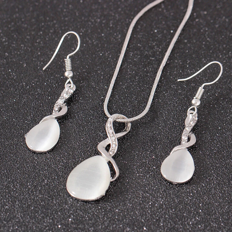 

Opal Water Drop Necklace Pendant Earrings Jewelry Sets Gift For Woman Fashion Crystal Statement Bridal Wedding Party Accessories