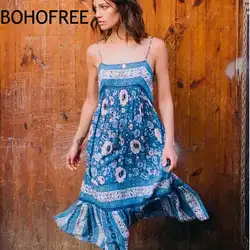 BOHOFREE винтажное богемное темно-синее цветочное миди платье пикантные с низкой спиной летние платья лоскутное кружевное подол повседневное