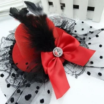 

Bowknot Hair Clip Lace Feather Mini Top Hat Fancy Party Women Decoration New Party Small Fur Hat Flower Yarn Hairpins