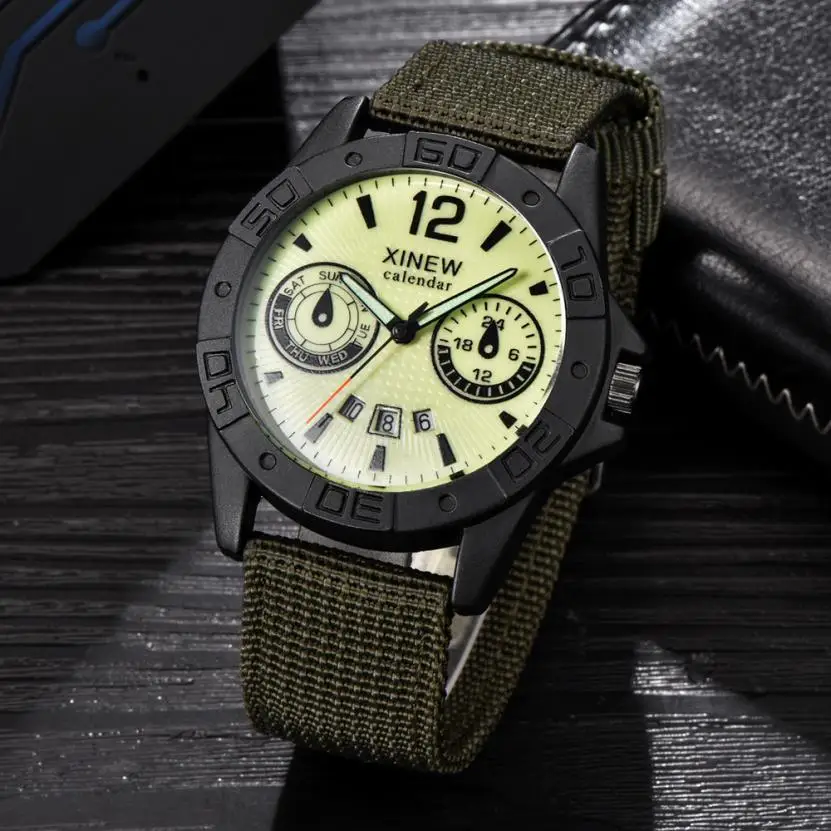 XINEW Canvas Wrist Watches Men's Sport Calendar Clock Relogio Masculino Top Brand Men Steel Dial Military Quartz Watch#Zer - Цвет: Fluorescent Green