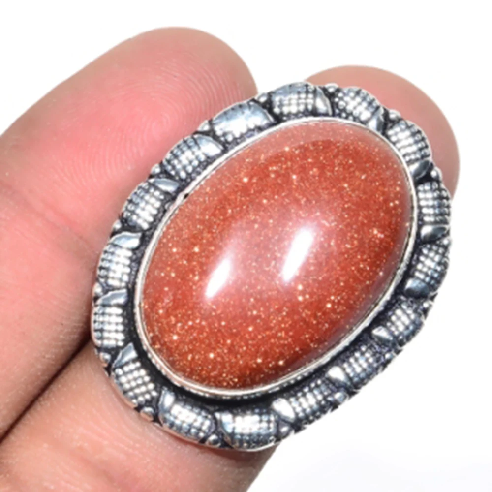 

Sun Stone Ring Silver Overlay over Copper , Size:7.25, R5100