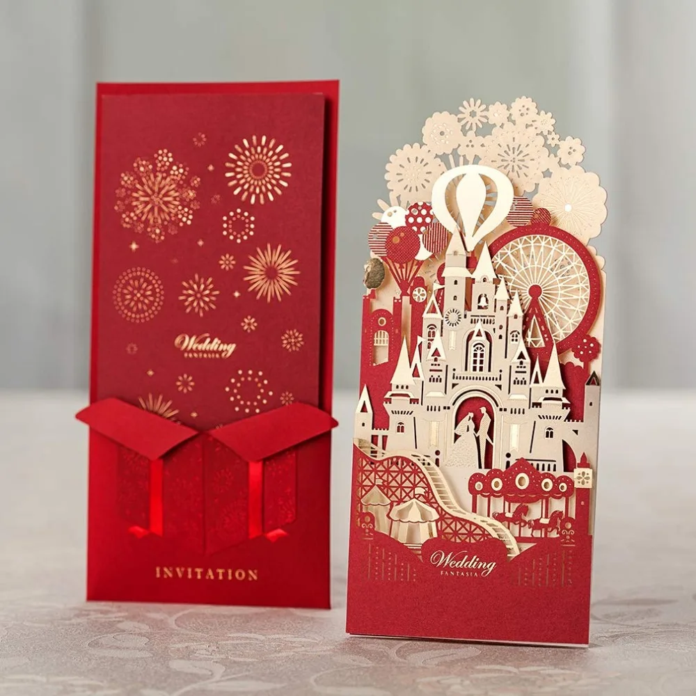 

50PCS Laser Cut Wedding Invitations Free Customize Bride and Groom Invitation Cards Castle Wedding Favors Casamento CW5073