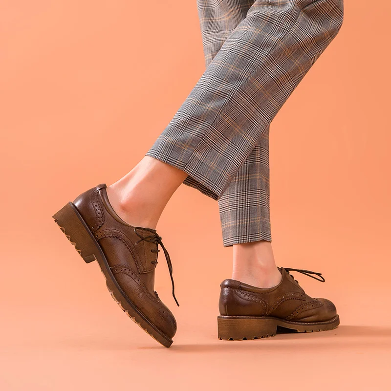 BeauToday/женские туфли-Дерби из натуральной коровьей кожи; стильные броги с круглым носком на шнуровке; высококачественные брендовые туфли на плоской подошве; 21609