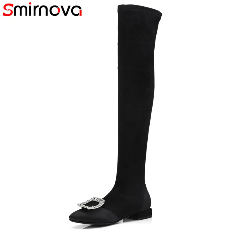 

Smirnova 2018 NEW fashion over the knee boots stretch fabric+suede leather boots round toe square heels rhinestone women boots