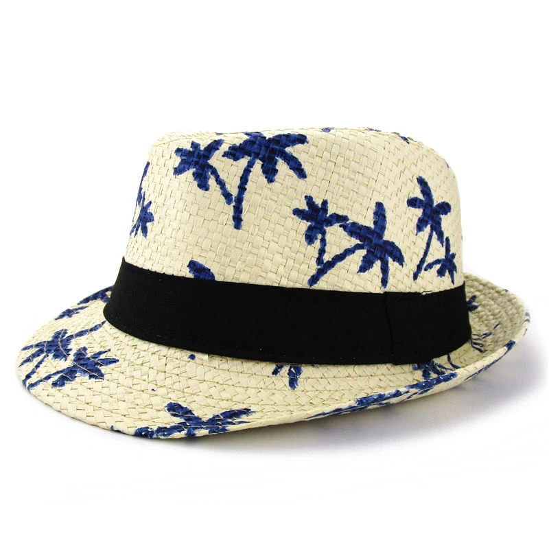 Fashion Unisex Coconut Tree Jazz Straw Hat Kids Trilby panama Hats Women Men Casual Beach Bucket Cap Summer Sunscreen Cap CP0263 (3)
