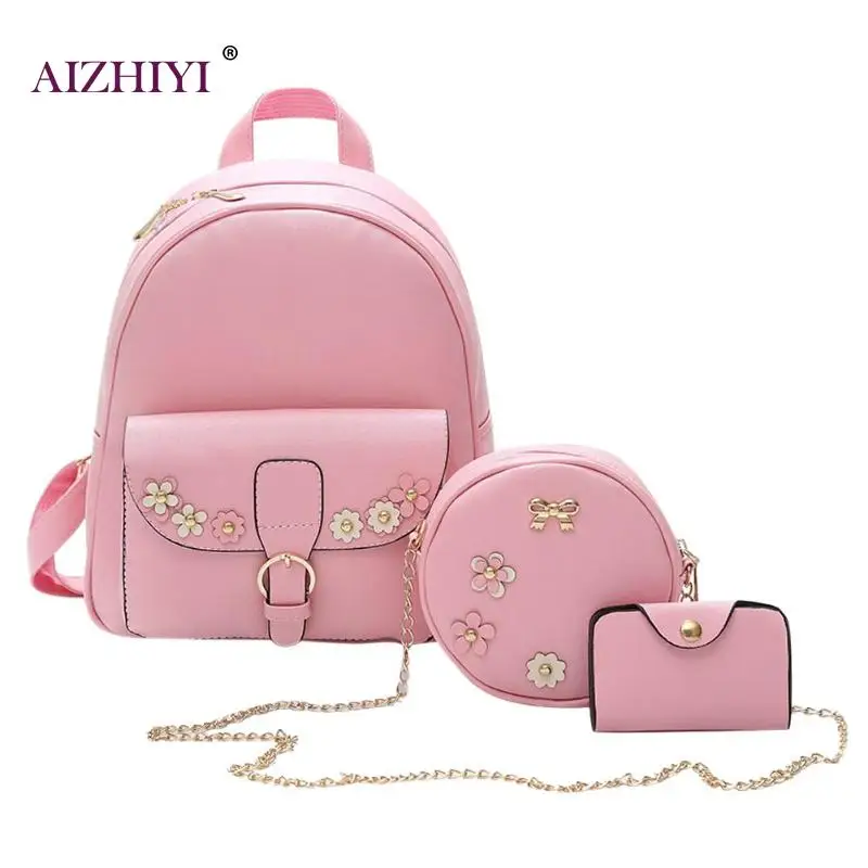 

3pcs/Set PU Leather Women Floral Backpack Set Casual Shoulder Crossbody Chain Card Bag Soft Surface Bowknot Grey/Black/ Pink