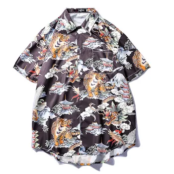 

#1623 Couple Clothes Unisex Tiger Printed Shirt Men Short Sleeve Lapel Collar Hip Hop Shirt Streetwear Harajuku Vintage Summer