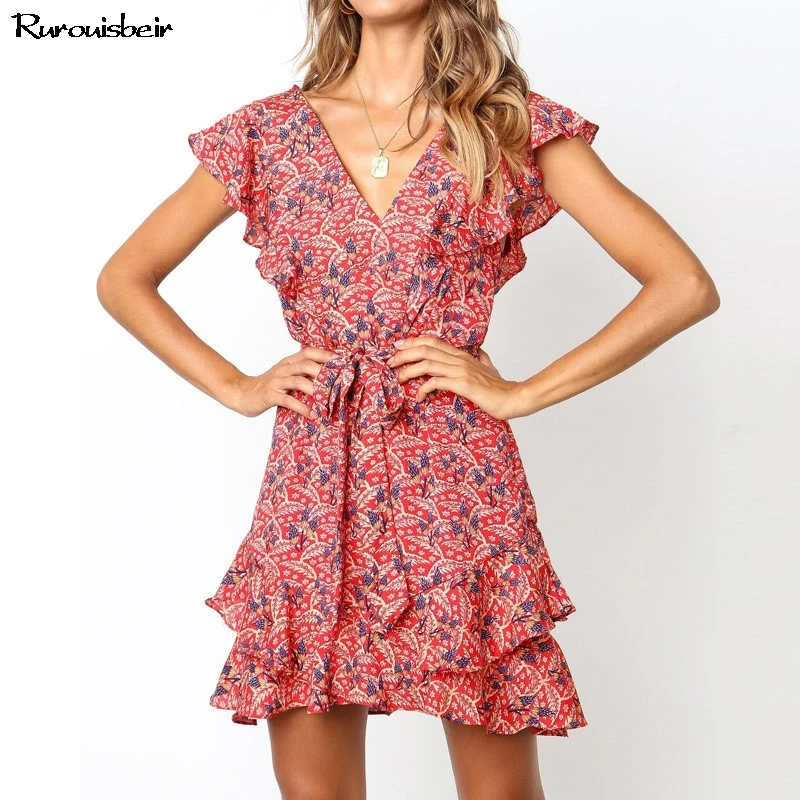 

Dress 2019 Summer Women Floral Print Chiffon Beach Dress Boho Style Ruffles A-line Mini Sundress Elegant Party Dress Vestidos