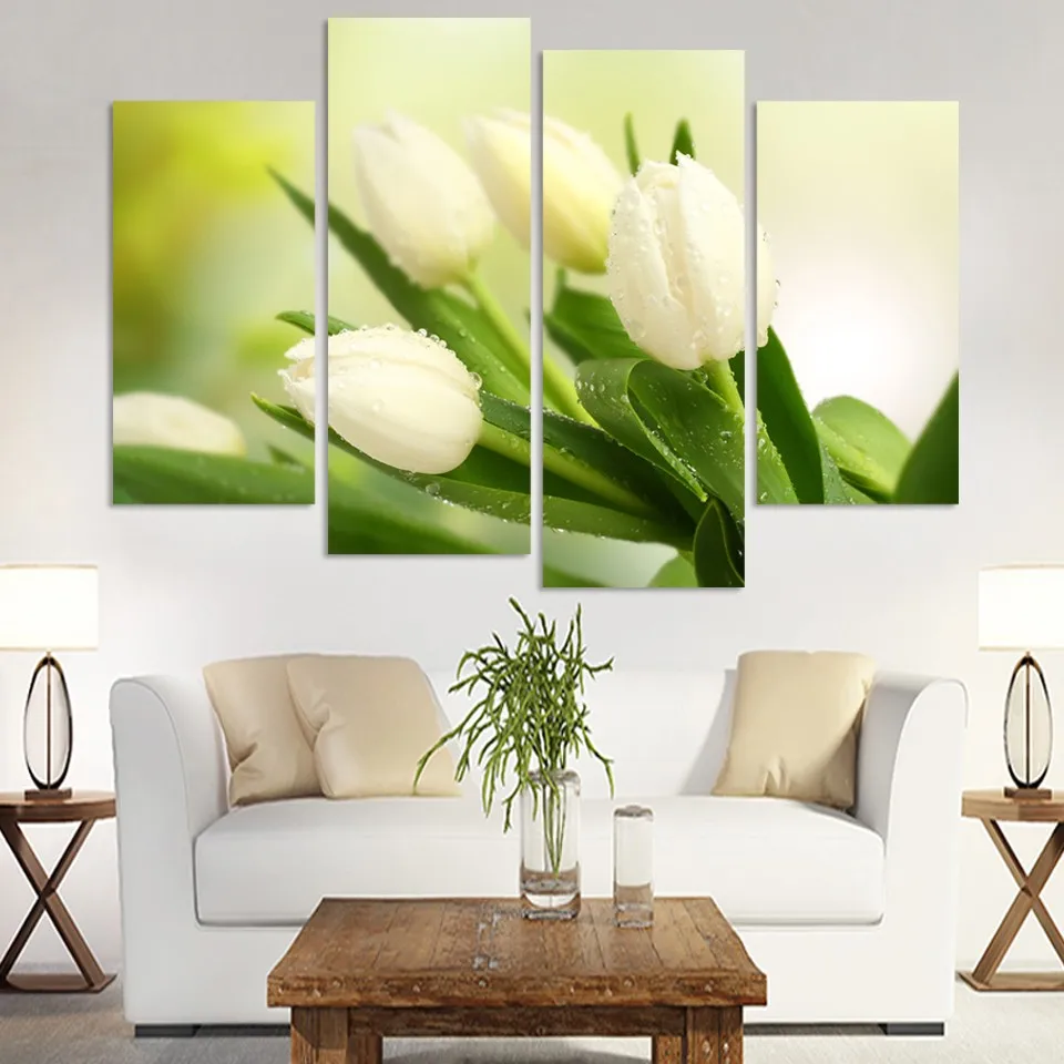 

Home Decor Paintings On Canvas Wall Art 4 Pieces/Pcs The Charming White Tulip Modular Vintage Picture For Living Room HD Print