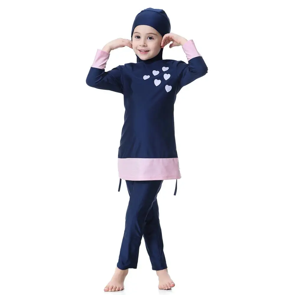 Мусульманский купальник, скромный купальник для малышей, консервативный купальный костюм с длинными рукавами для девочек-подростков с хиджабом, купальный костюм для девочек - Цвет: Dark Blue H2008