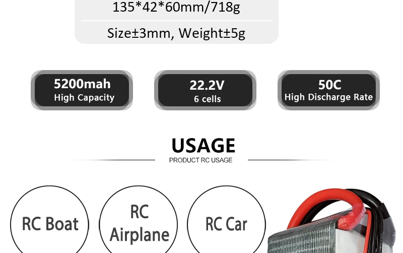 HRB Lipo 6S Battery, 135*42* 60mm/718g Sizet3mm, WeighttSg