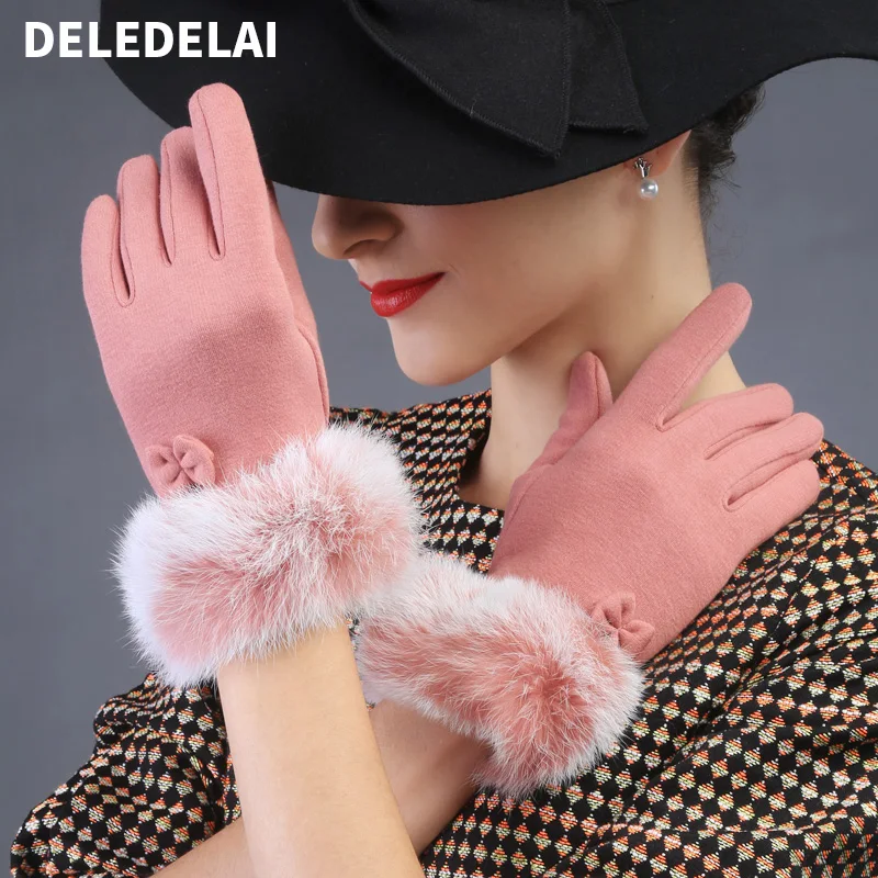 DELEDELAI Новые Теплые зимние женские перчатки корейский стиль кроличья шерсть бант