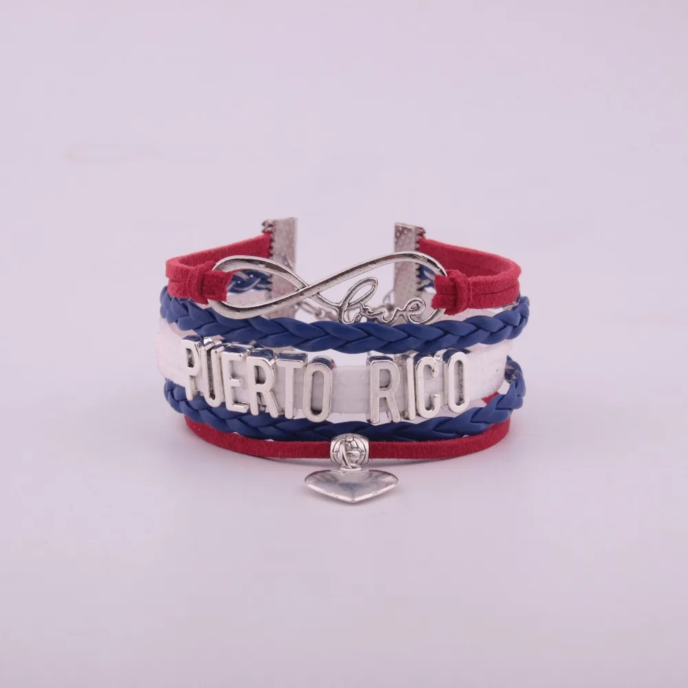 

Drop Shipping Infinity National Flag Puerto Rico Bracelet Heart Charm Leather Bracelets & Bangles for Women Men Jewelry